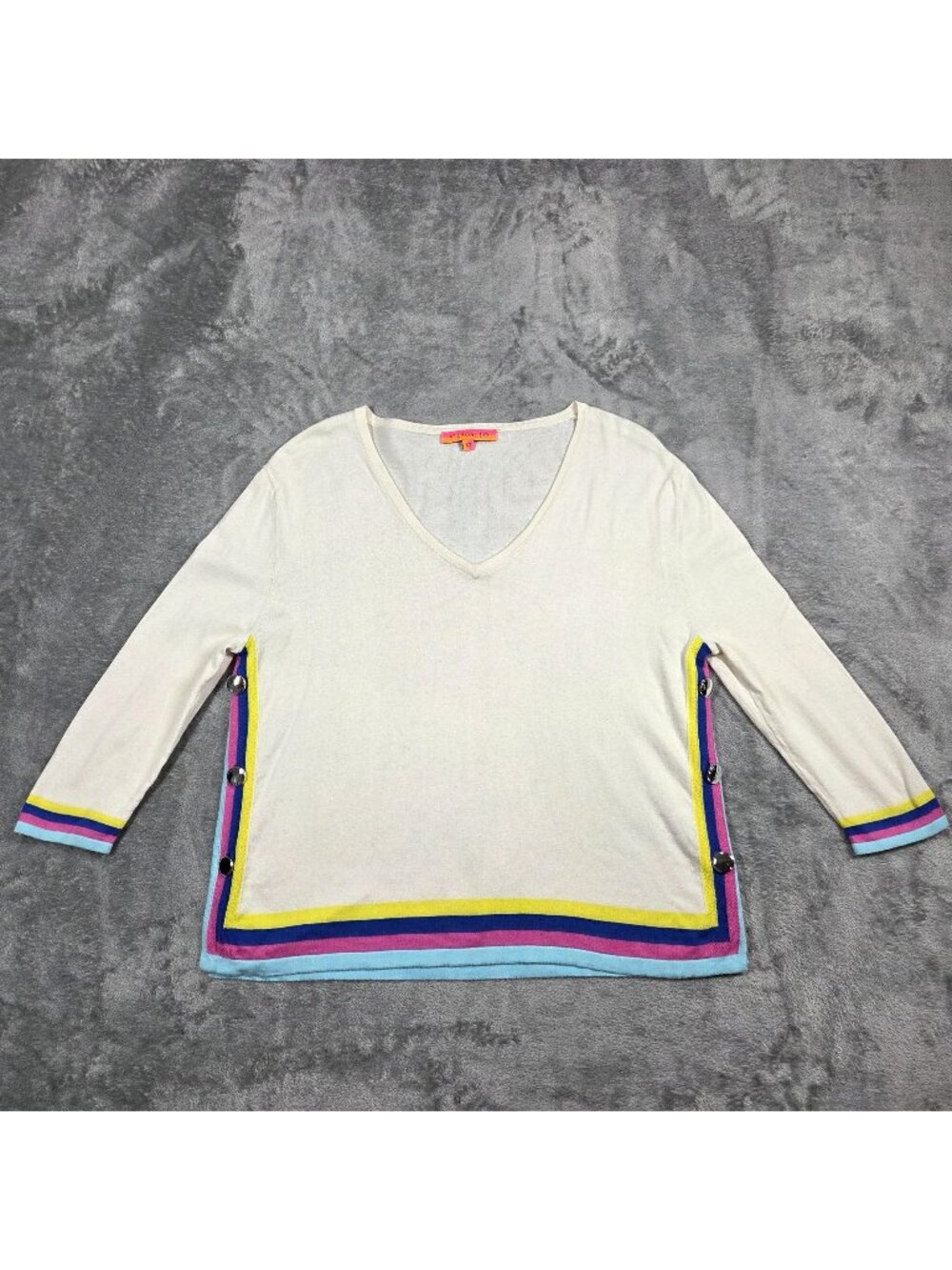 Vilagallo Sweater XS Cream Rainbow Trim Cashmere Blend Beachy Resort Luxury